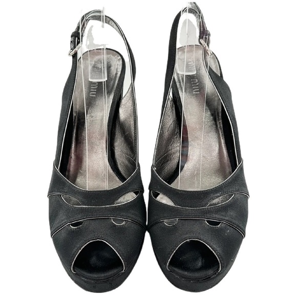 Miu Miu heels 40 black satin sling back chunky platforms vintage y2k formal - Picture 2 of 11